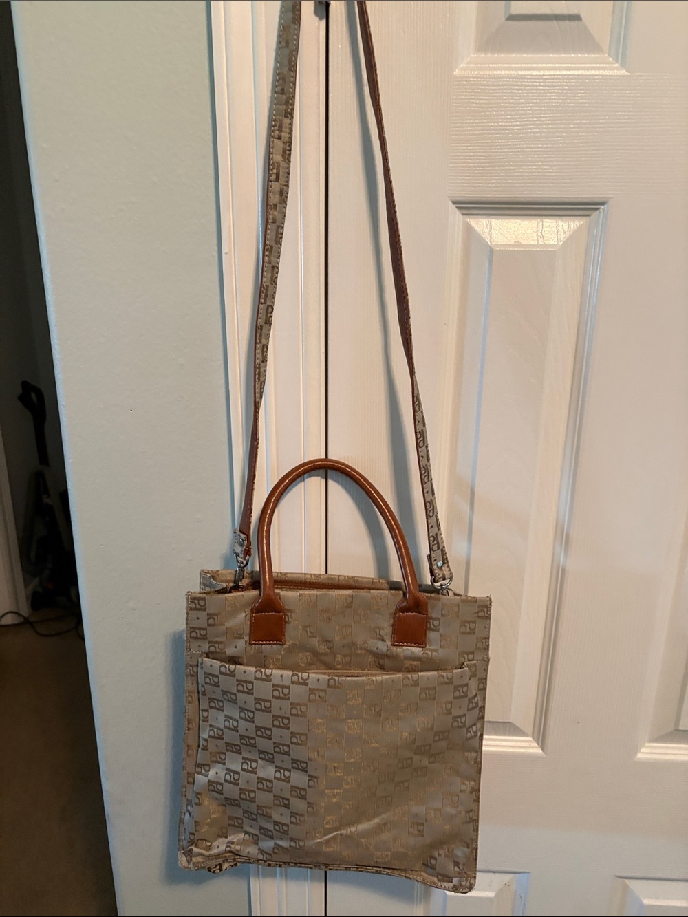 Pink diamond vintage Beige Patterned Tote Bag with Brown Handles